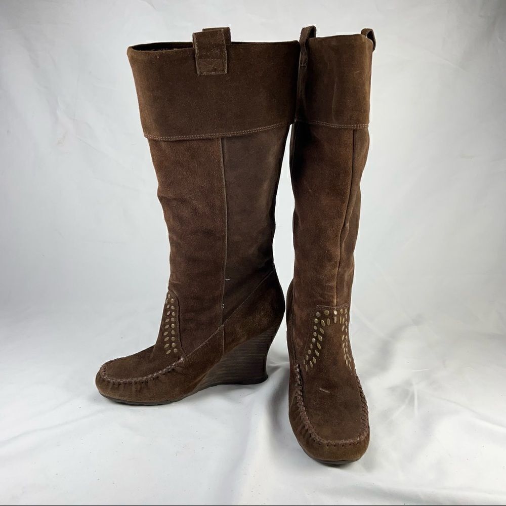 Sam Edelman Alabama‎ Suede Brown Studded Knee High Wedge Boots 7.5